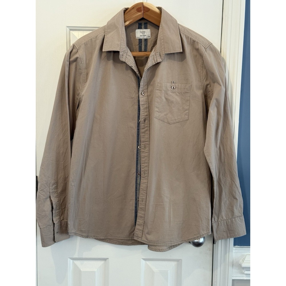 Level Ten Beige Blue Cotton Shirt Men's M Contrast Trim preppy work Classic